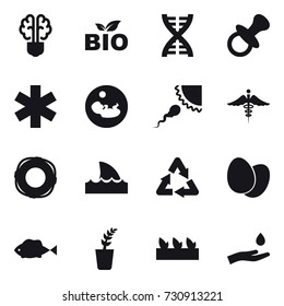 16 vector icon set : bulb brain, bio, dna, nipple, lifebuoy, shark flipper, seedling, hand and drop