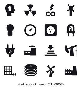 16 vector icon set : bulb head, nuclear, infinity power, windmill, bulb, barometer, power socket, factory