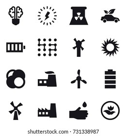 16 vector icon set : bulb brain, lightning, nuclear power, eco car, battery, chip, windmill, sun, factory, hand drop, ecology