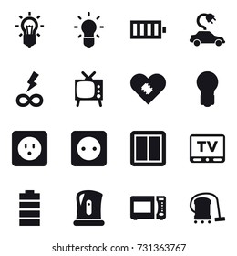 16 vector icon set : bulb, battery, electric car, infinity power, tv, power socket, power switch, kettle, vacuum cleaner