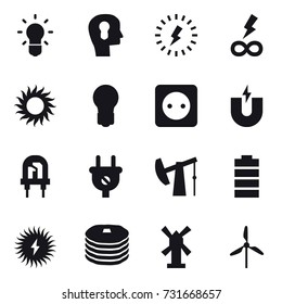 16 vector icon set : bulb, bulb head, lightning, infinity power, sun, power socket, windmill