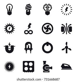 16 vector icon set : bulb, bulb brain, lightning, sun power, infinity power, cooler fan, water pump, iron