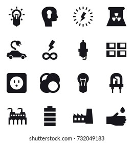 16 vector icon set : bulb, bulb head, lightning, nuclear power, electric car, infinity power, spark plug, panel house, power socket, factory, hand drop