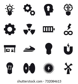 16 vector icon set : bulb, gear, bulb head, bulb brain, nuclear, battery, infinity power, gas station, jet ski, windmill