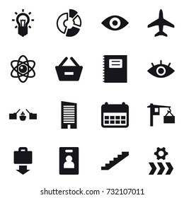 16 vector icon set : bulb, circle diagram, eye, plane, atom, remove from basket, copybook, drawbridge, skyscraper, baggage get, identity card, stairs