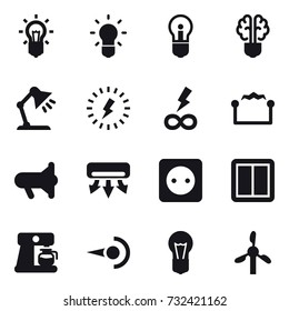 16 vector icon set : bulb, bulb brain, table lamp, lightning, infinity power, electrostatic, megafon, air conditioning, power socket, power switch, coffee maker