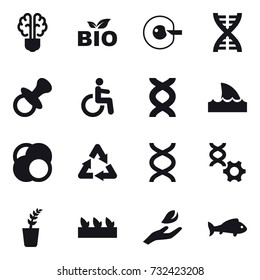 16 vector icon set : bulb brain, bio, cell corection, dna, nipple, shark flipper, seedling, hand leaf, fish