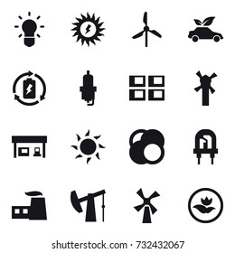 16 vector icon set : bulb, sun power, windmill, eco car, battery charge, spark plug, panel house, gas station, sun, ecology