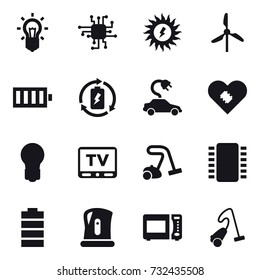 16 vector icon set : bulb, chip, sun power, windmill, battery, battery charge, electric car, tv, vacuum cleaner, kettle