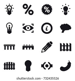 16 vector icon set : bulb, percent, eye identity, info, bridge, pencil, fence, eggplant