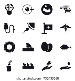 16 vector icon set : bulb brain, cell corection, lifebuoy, shark flipper, seedling, hand leaf, hand and drop 16 vector icon set : bulb brain, cell corection, lifebuoy, shark flipper, seedling, hand leaf, hand and drop