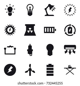 16 vector icon set : bulb, table lamp, lightning, sun power, nuclear power, battery, battery charge, electrostatic, spark plug, air conditioning, electricity, iron board