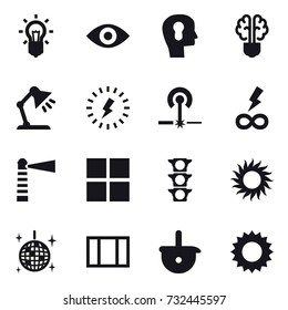 16 vector icon set : bulb, eye, bulb head, bulb brain, table lamp, lightning, laser, infinity power, lighthouse, window, sun, disco ball