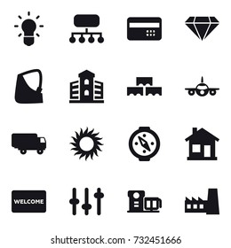 16 vector icon set : bulb, structure, credit card, diamond, building, block wall, sun, compass, home, welcome mat, factory