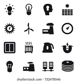 16 vector icon set : bulb, bulb head, sun power, windmill, factory, barometer, power switch, radiator, kettle