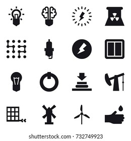 16 vector icon set : bulb, bulb brain, lightning, nuclear power, chip, spark plug, electricity, power switch, windmill, hand drop