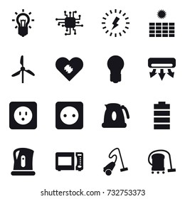 16 vector icon set : bulb, chip, lightning, sun power, windmill, air conditioning, power socket, kettle, vacuum cleaner 16 vector icon set : bulb, chip, lightning, sun power, windmill, air conditioning, power socket, kettle, vacuum cleaner