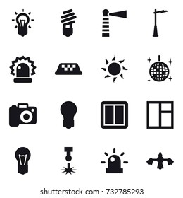 16 vector icon set : bulb, lighthouse, outdoor light, taxi, sun, disco ball, camera, power switch, window, hard reach place cleaning