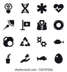 16 vector icon set : bulb brain, dna, life vest, lifebuoy, seedling, hand leaf, fish, egg