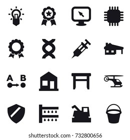 16 vector icon set : bulb, medal, monitor arrow, chip, house with garage, home, stool, watering, harvester, bucket