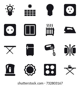 16 vector icon set : bulb, sun power, power socket, power switch, radiator, iron, iron board, fridge, mixer, kettle
