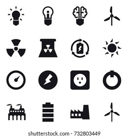 16 vector icon set : bulb, bulb brain, windmill, nuclear, nuclear power, battery charge, sun, barometer, electricity, power socket, factory
