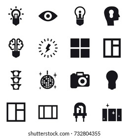 16 vector icon set : bulb, eye, bulb head, bulb brain, lightning, window, disco ball, camera, clean  window