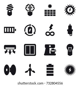 16 vector icon set : bulb, bulb brain, sun power, battery, battery charge, infinity power, spark plug, air conditioning, power switch, coffee maker