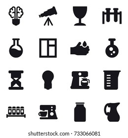 16 vector icon set : bulb brain, telescope, wineglass, window, bulb, coffee maker, measuring cup, jug