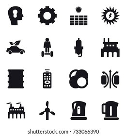 16 vector icon set : bulb head, gear, sun power, eco car, hoverboard, spark plug, factory, remote control, kettle