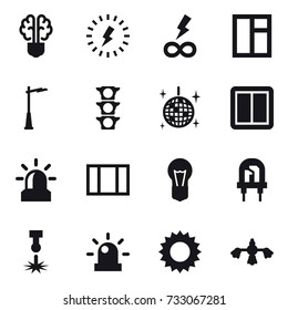 16 vector icon set : bulb brain, lightning, infinity power, window, outdoor light, disco ball, power switch, alarm, sun, hard reach place cleaning