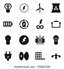 16 vector icon set : bulb brain, lightning, windmill, nuclear power, battery, battery charge, infinity power, electrostatic, bulb, electricity, hard reach place cleaning
