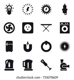 16 vector icon set : bulb, lightning, sun power, spark plug, cooler fan, power socket, iron board, washing machine, fridge, kettle, water pump