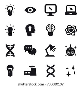 16 vector icon set : bulb, eye, monitor arrow, notebook, bulb head, bulb brain, atom, dna, discussion, table lamp, disco ball, shining