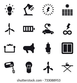 16 vector icon set : bulb, table lamp, lightning, sun power, windmill, battery, electric car, infinity power, electrostatic, megafon, spark plug, power switch, mixer, iron board