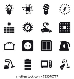 16 vector icon set : bulb, chip, lightning, sun power, electric car, cpu, electrostatic, power socket, power switch, kettle, vacuum cleaner