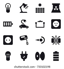 16 vector icon set : bulb, table lamp, sun power, nuclear power, battery, electric car, electrostatic, power socket, mixer