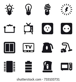 16 vector icon set : bulb, lightning, electrostatic, tv, power socket, power switch, kettle, vacuum cleaner