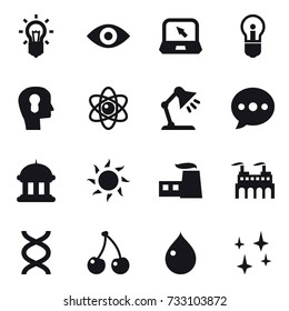 16 vector icon set : bulb, eye, notebook, bulb head, atom, table lamp, ballon, goverment house, sun, cherry, drop, shining