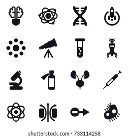 16 vector icon set : bulb brain, atom, dna, rocket, round around, telescope, vial, dna modify, microb