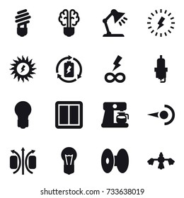 16 vector icon set : bulb, bulb brain, table lamp, lightning, sun power, battery charge, infinity power, spark plug, power switch, coffee maker, hard reach place cleaning