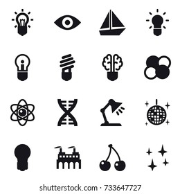 16 vector icon set : bulb, eye, boat, bulb brain, atom core, atom, dna, table lamp, disco ball, cherry, shining