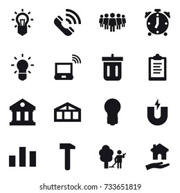 16 vector icon set : bulb, call, team, alarm clock, notebook wireless, bin, clipboard, library, greenhouse, garden cleaning, housing