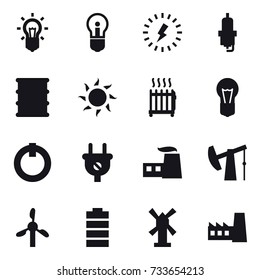 16 vector icon set : bulb, lightning, spark plug, sun, radiator, windmill, factory