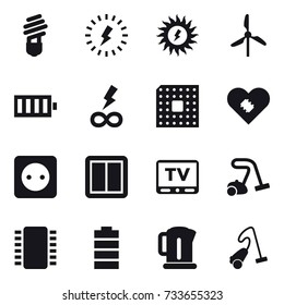 16 vector icon set : bulb, lightning, sun power, windmill, battery, infinity power, cpu, power socket, power switch, tv, vacuum cleaner, kettle
