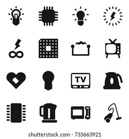 16 vector icon set : bulb, chip, lightning, infinity power, cpu, electrostatic, tv, kettle, vacuum cleaner