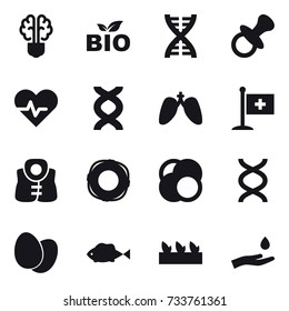 16 vector icon set : bulb brain, bio, dna, nipple, life vest, lifebuoy, seedling, hand and drop