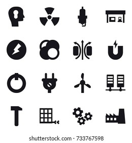 16 vector icon set : bulb head, nuclear, spark plug, gas station, electricity, gears, factory 16 vector icon set : bulb head, nuclear, spark plug, gas station, electricity, gears, factory