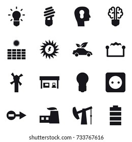 16 vector icon set : bulb, bulb head, bulb brain, sun power, eco car, electrostatic, windmill, gas station, power socket