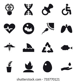 16 vector icon set : bulb brain, dna, nipple, shark flipper, seedling, sprouting, egg, hand and drop